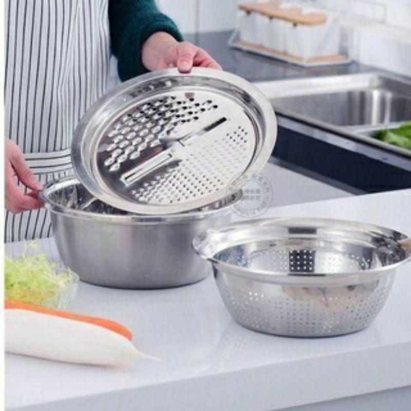 Bộ 3 món thau, rổ inox bào củ quả