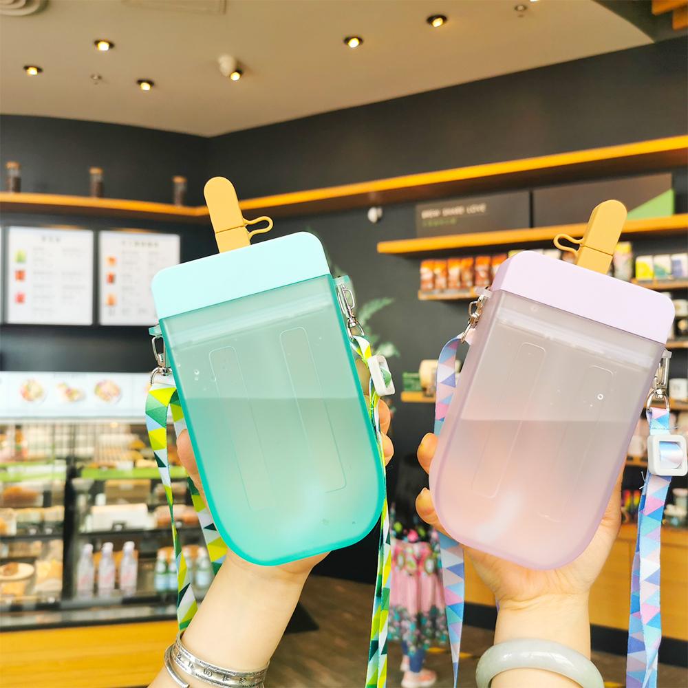 Dễ Thương Popsicle Hình Bình Nước Nhựa Trong Suốt Nước Uống Sinh Viên Cốc Tập Uống Có Dây Đeo Vai Và Ống Hút Cho Người Lớn Kid