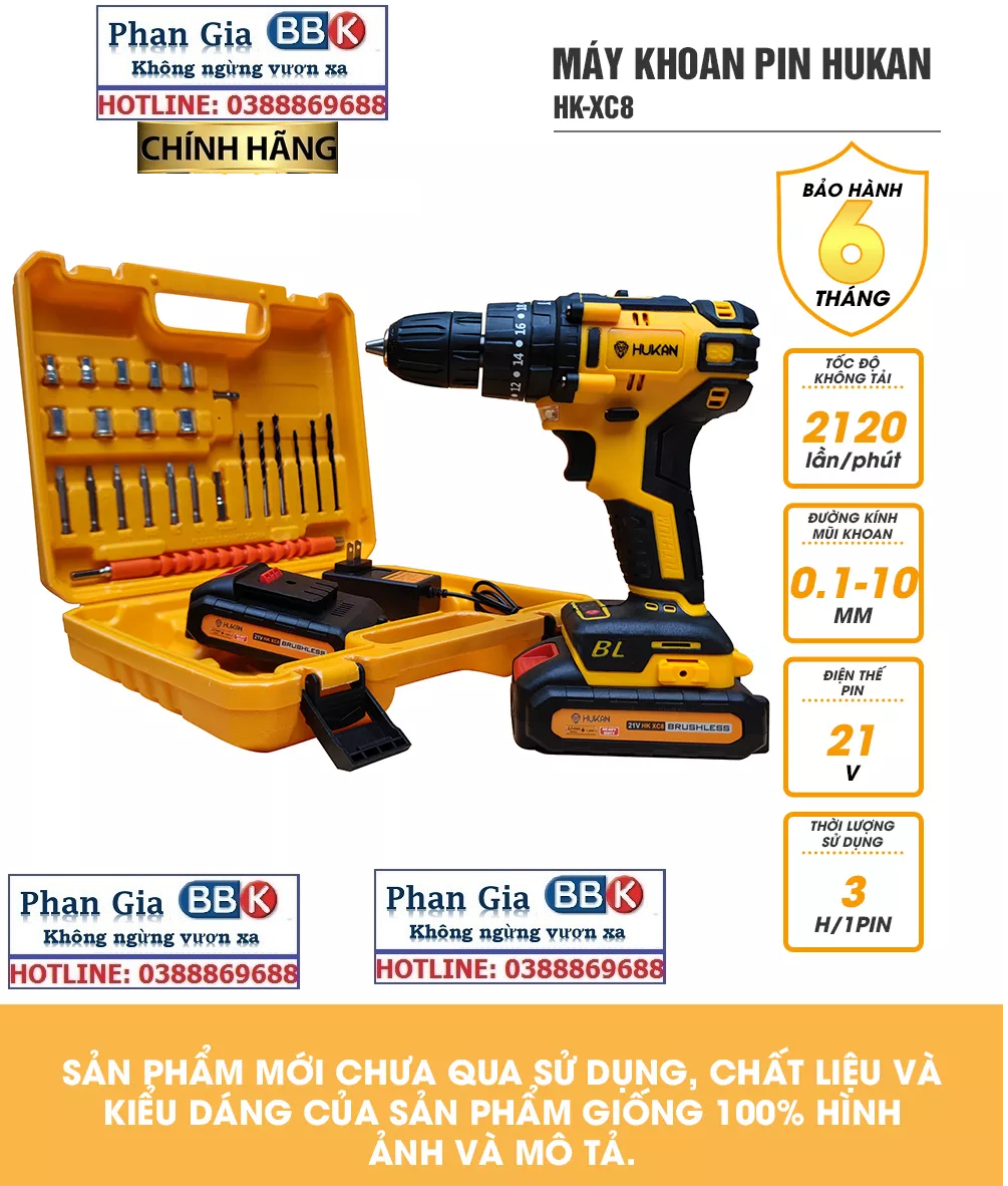 Máy Khoan Pin Hukan 21V KHÔNG CHỔI THAN Tặng Kèm 23 Chi Tiết