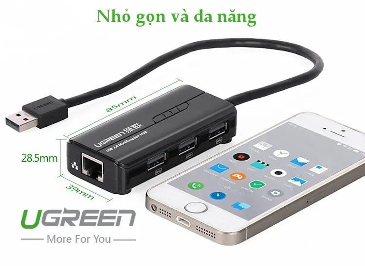 Ugreen UG20264CR103TK 28CM màu Đen HUB chuyển đổi USB 2.0 Sang 3 USB 2.0 + LAN cao cấp - HÀNG CHÍNH HÃNG