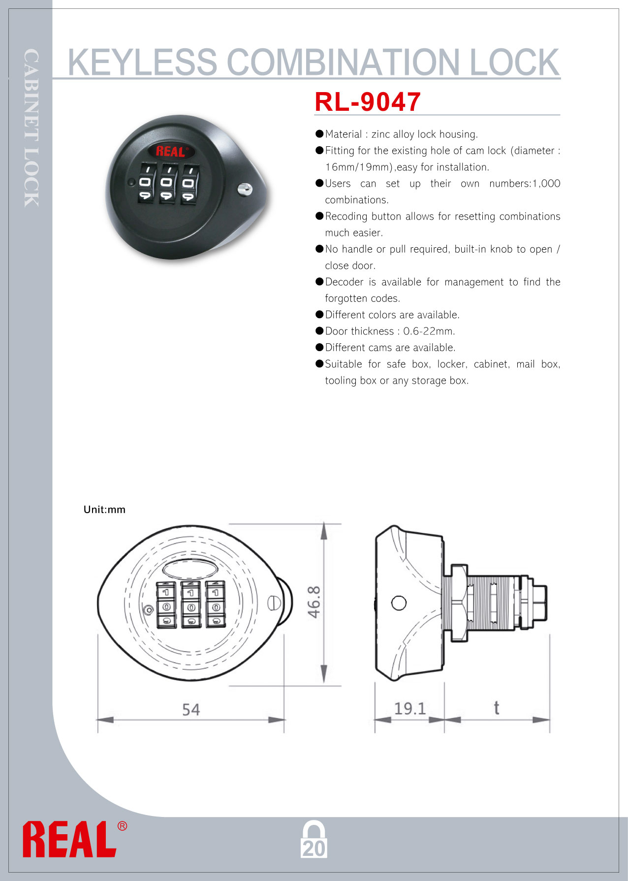 RL9047 Khóa tủ, khóa hòm thư mật mã REAL 3 codes dài 36.6mm dùng cho tủ dày dưới 30mm