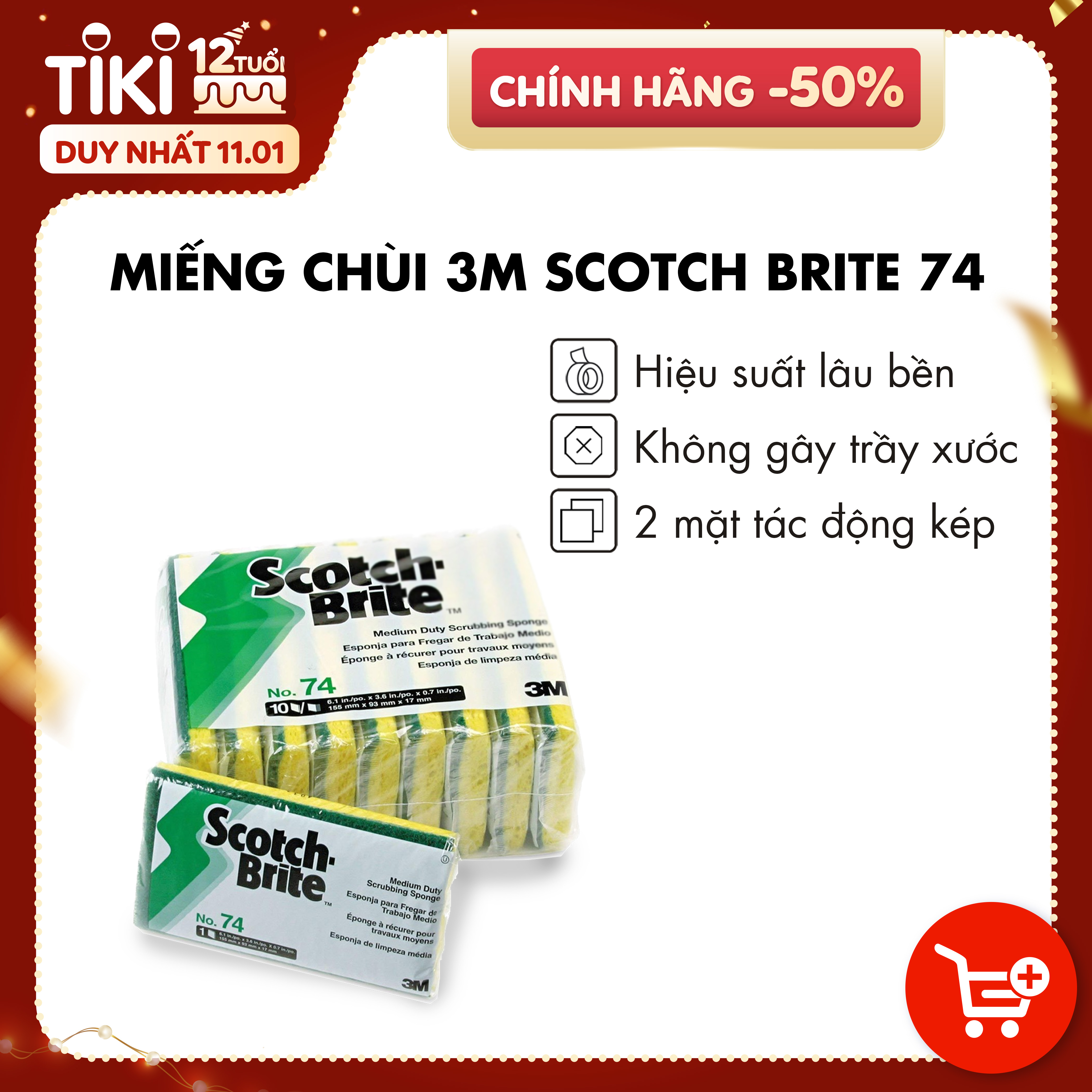 Miếng cọ rửa đa năng 3M Scotch Brite 74 dùng lau chùi tường, bàn, thiết bị bếp, sàn chính hãng 3M Mỹ