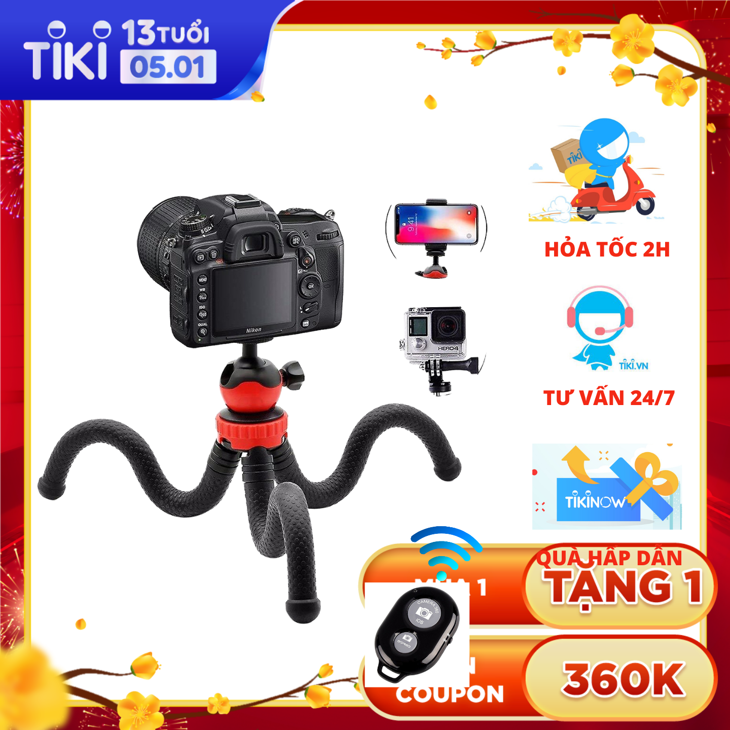 Tripod bạch tuột 3 chân xoay 360 độ siêu chắc cho máy ảnh, điện thoại