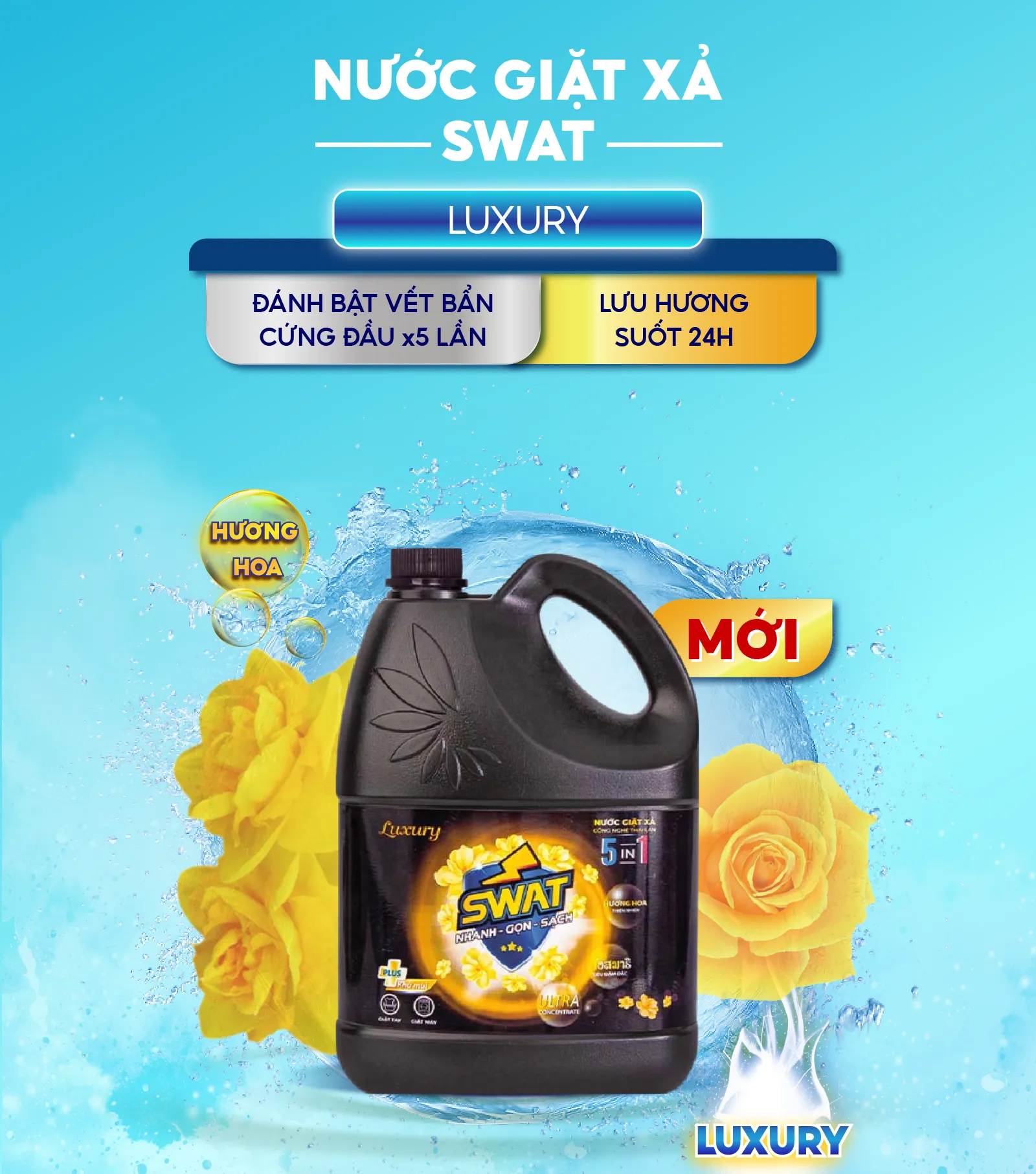 Nước Giặt Xả Swat 5 In 1 Hương Luxury Siêu Thơm Can 3.8kg - Siêu Tiết Kiệm Giúp Diệt Khuẩn Lưu Hương Lâu