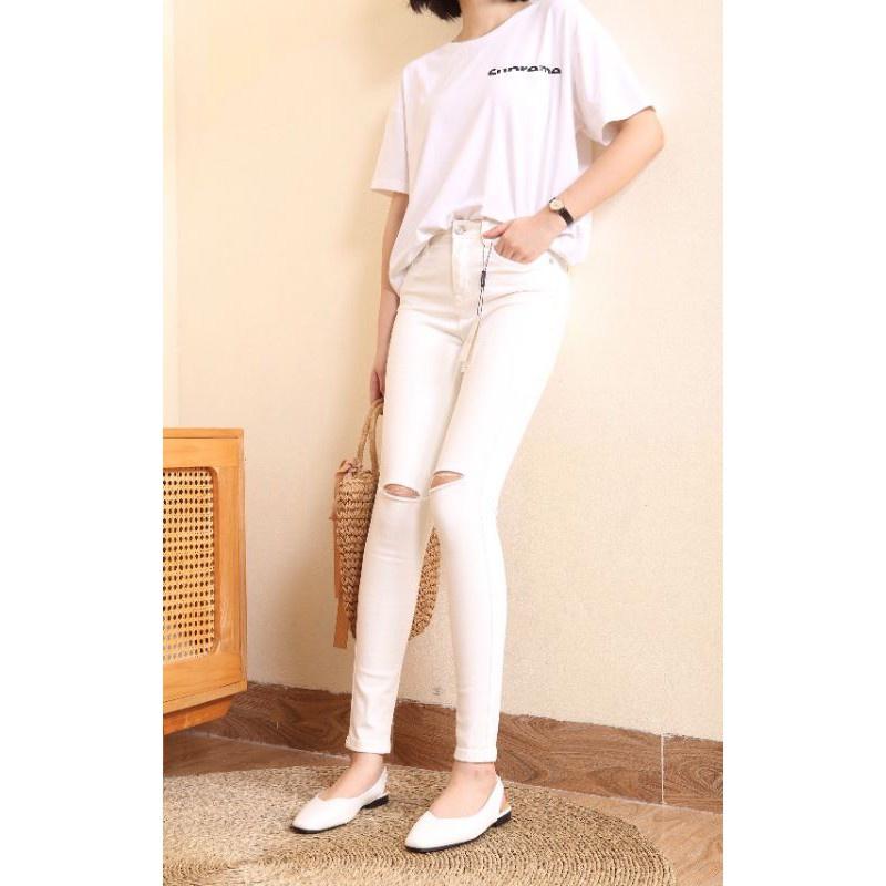 Quần jeans skinny trắng rách ngang gối, quần bò nữ dáng ôm