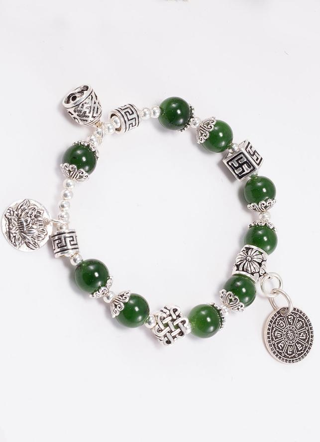 Vòng tay ngọc bích phối charm hoa sen Ngọc Quý Gemstones