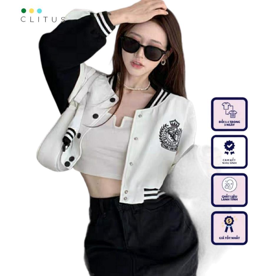 Áo Khoác Bomber Nữ Form Croptop Cúc Bấm 2 Lớp Dày Mịn Siêu Đẹp - CLITUS FASHION