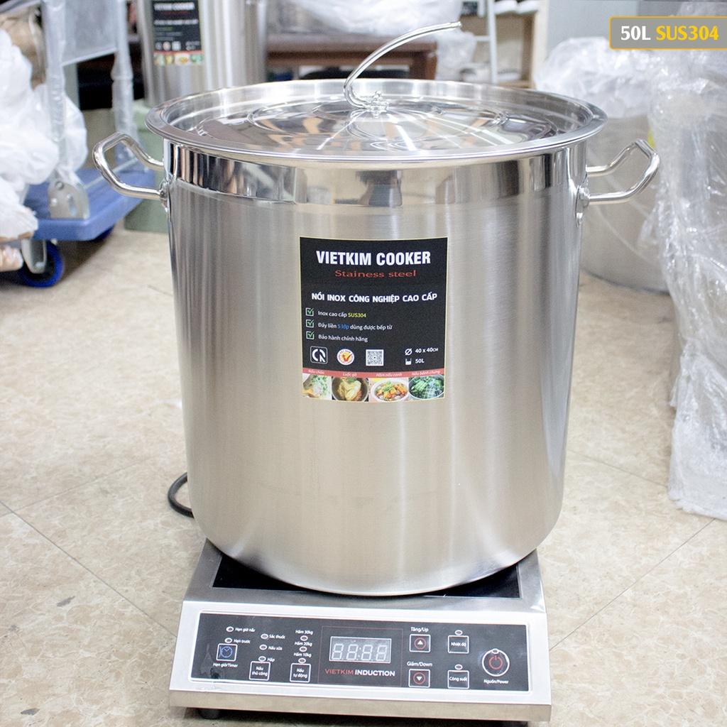 Nồi inox đáy dày 5 lớp 50L cm - nồi đáy liền cao cấp có giỏ inox