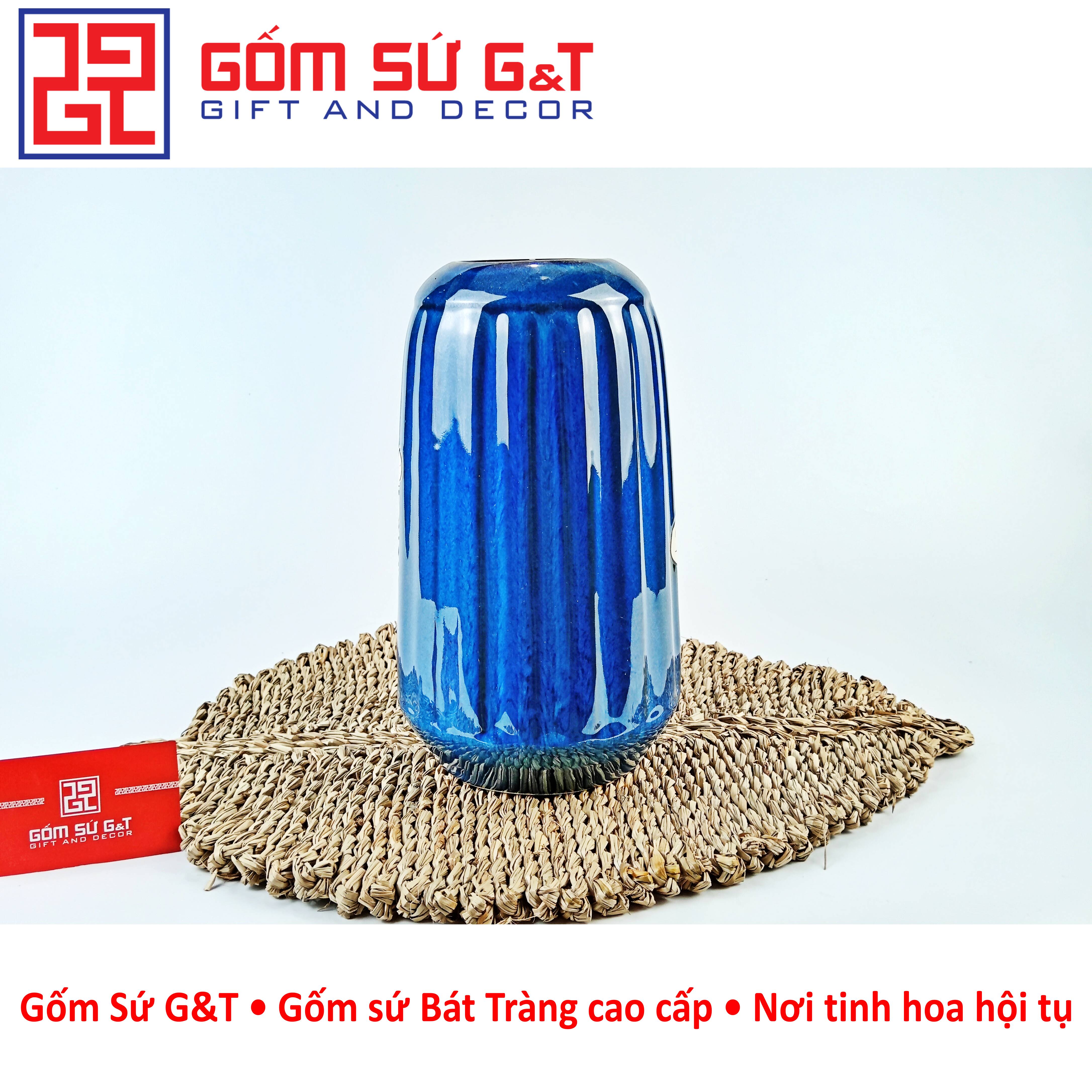 Lọ hoa men hỏa biến lá dứa miệng thấp vẽ sen Gốm Sứ G&amp;T