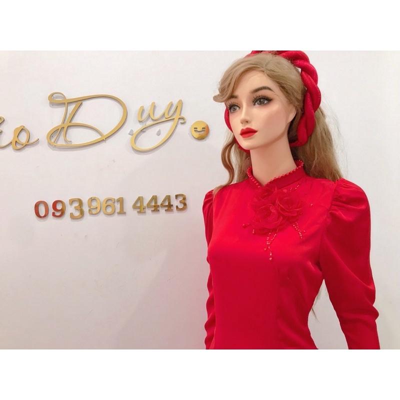 Áo dài đỏ tay phồng hoa voan tết hỏi cưới tiệc