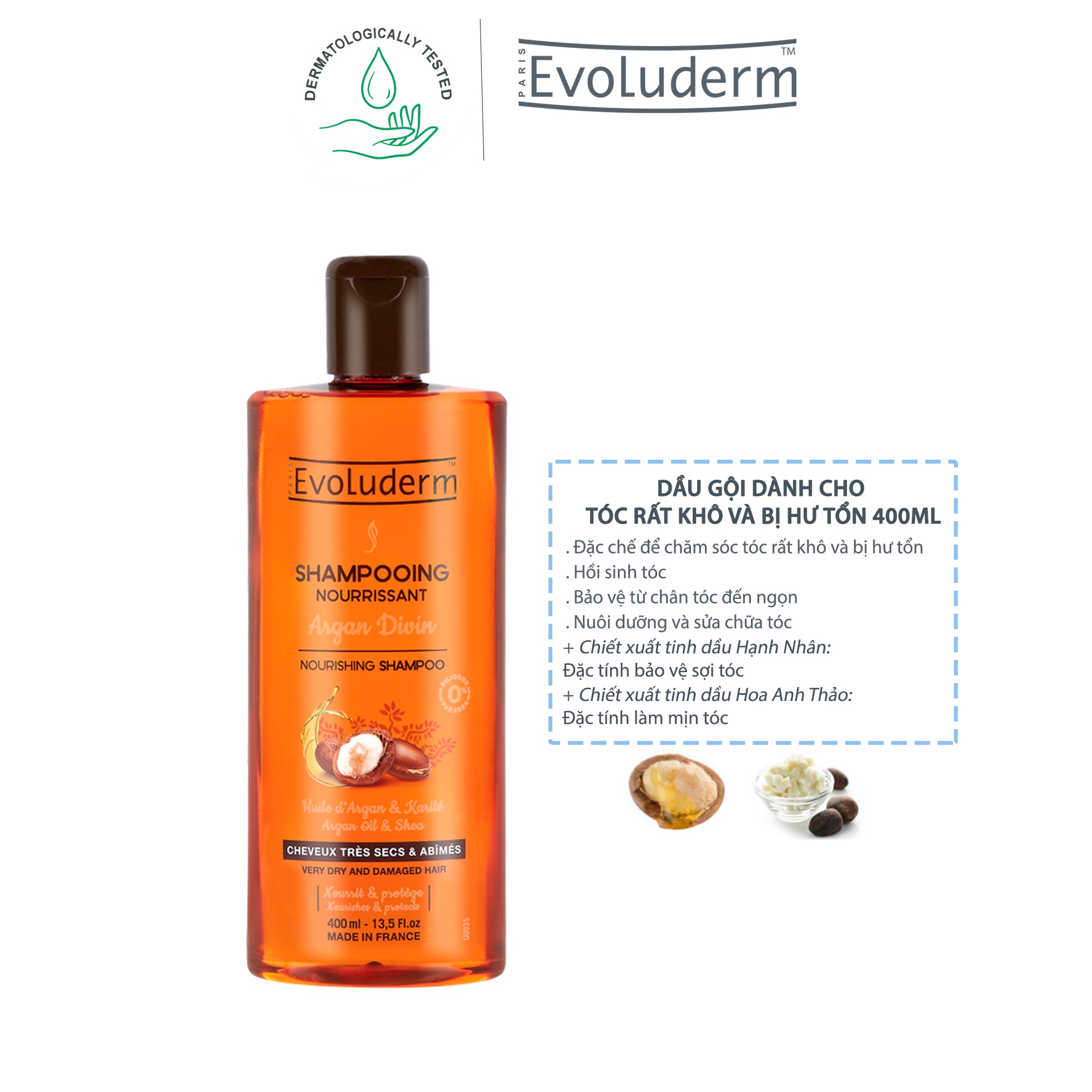 Combo Dầu gội dành cho tóc rất khô và bị hư tổn Evoluderm chiết xuất Tinh dầu  Argan và Bơ Hạt Mỡ 400 ml +Kem ủ dành cho tóc rất khô và bị hư tổn Evoluderm chiết xuất Tinh dầu Argan và Bơ hạt mỡ 500ml