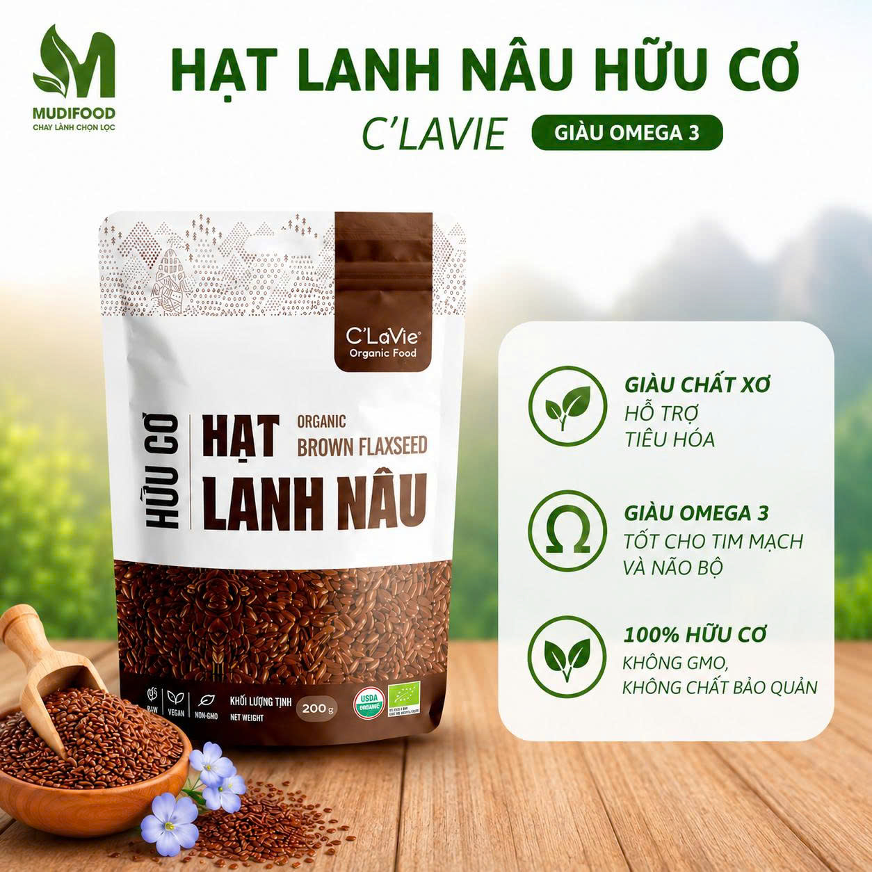 Hạt Lanh Nâu Hữu Cơ C'Lavie 200g - Giàu Chất Xơ, Omega 3, Hỗ Trợ Tiêu Hóa, Ăn Kiêng Healthy