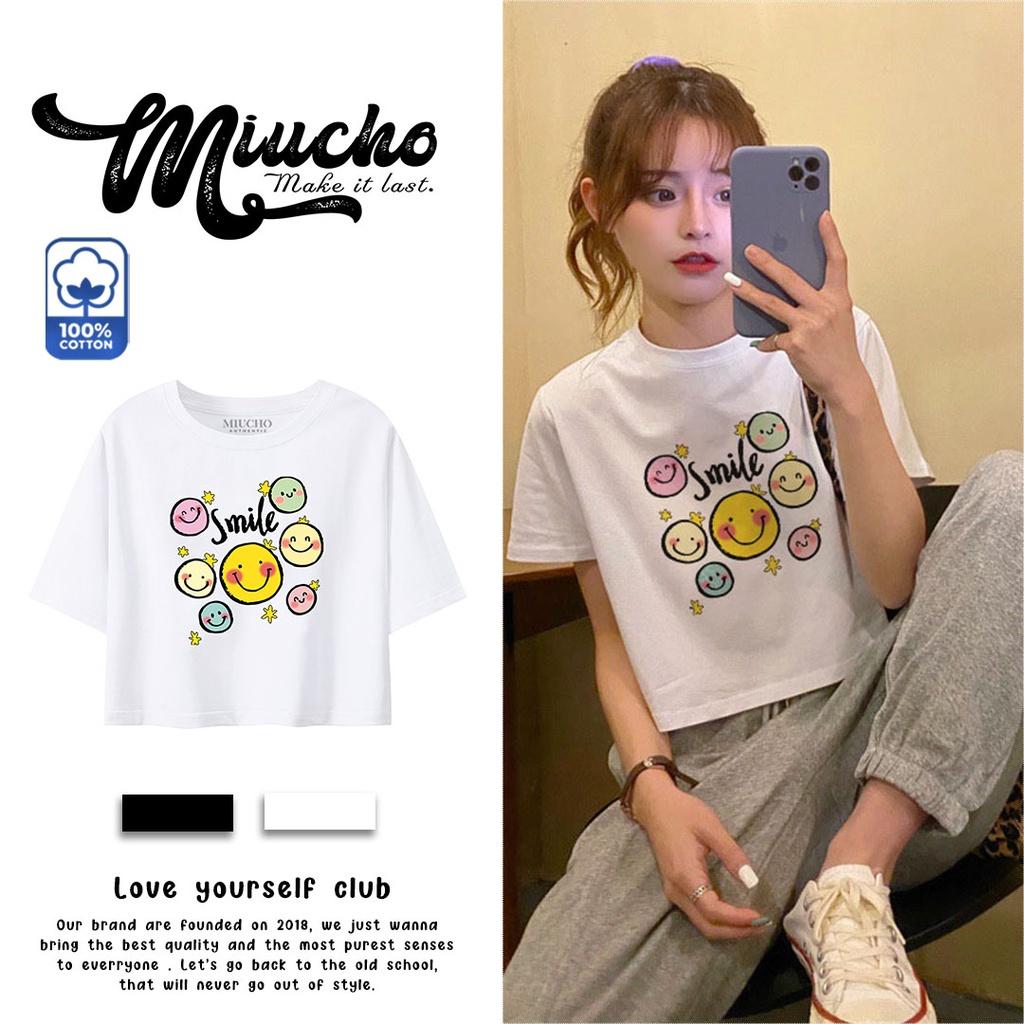 Áo croptop nữ tay ngắn cổ tròn vải thun cotton kiểu hàn quốc CR021 Miucho in hình hoạ tiết