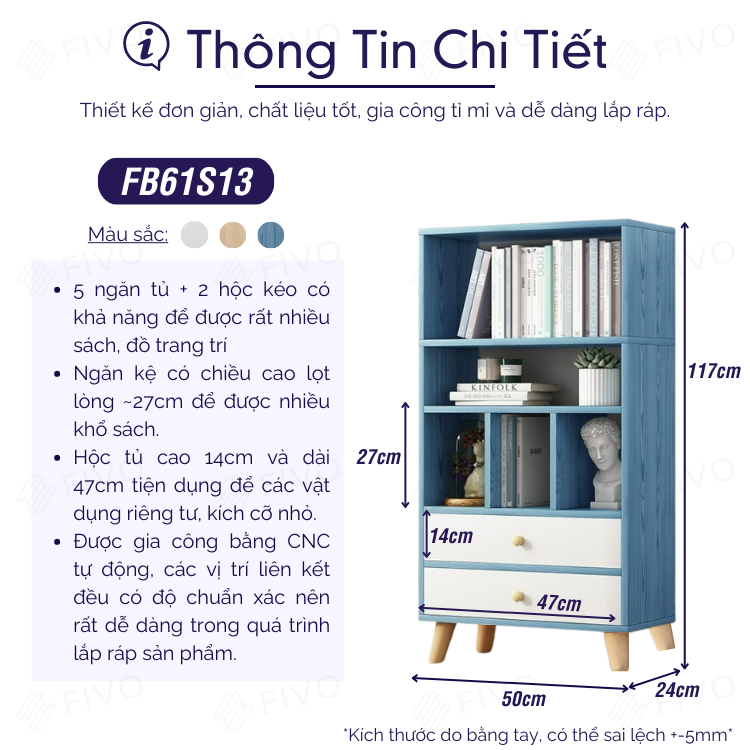 Tủ Đựng Sách Gỗ MDF Đa Tầng FIVO FB61 Có Hộc Kéo Phong Cách Hàn Quốc Dễ Dàng Lắp Ráp Màu Xanh - Hàng Chính Hãng