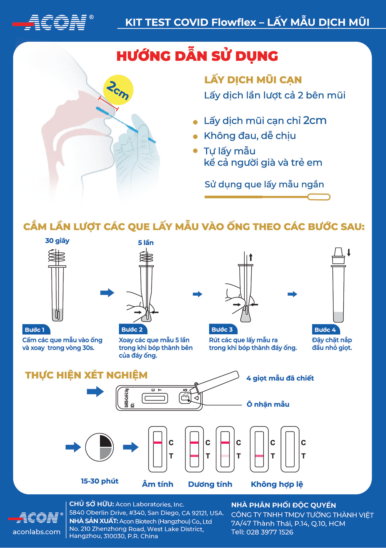 Combo 2 hộp 5 Kit test nhanh Covid và 10 que bông vô trùng lấy mẫu dịch mũi Acon FlowFlex thương hiệu Mỹ Abcare