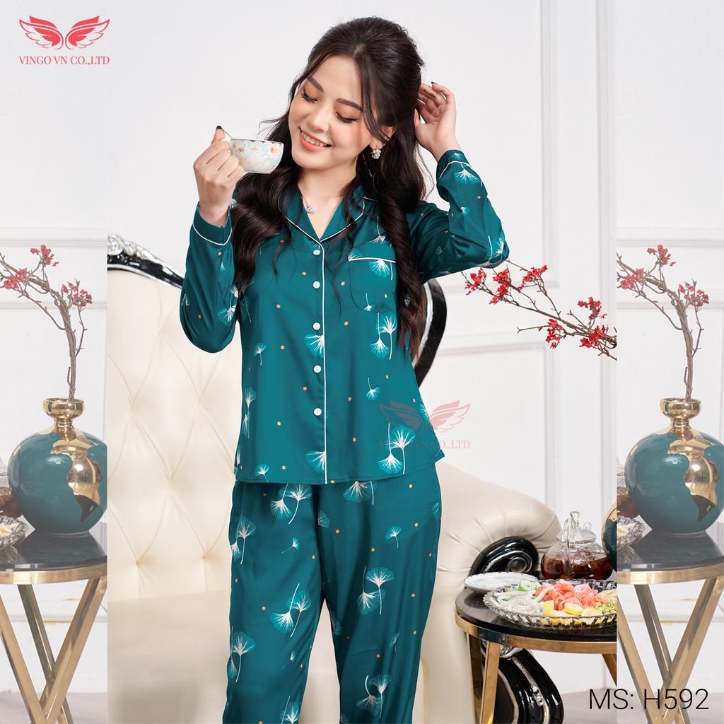 Đồ Bộ Ngủ Nữ Pijama Mặc Nhà VINGO Lụa Pháp Cao Cấp Tay Dài Quần Dài Họa Tiết Lá Ngân Hạnh Sang Chảnh H592 VNGO