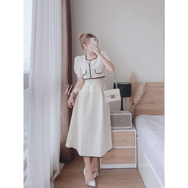 SET ÁO CROPTOP VIỀN XỐP VỚI CHÂN VÁY DÀI