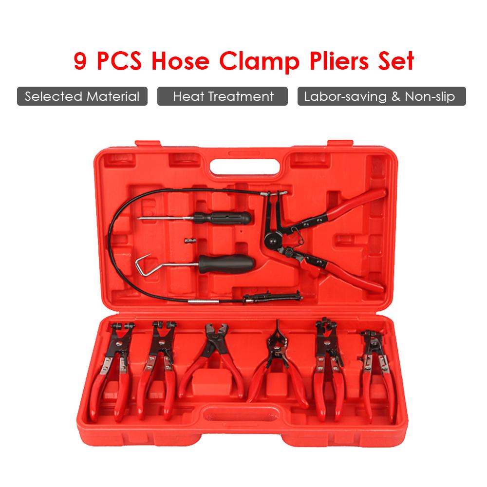 9 PCS Flexible Wire Long Reach Hose Clamp Pliers Kit Automobile Hose Remover Pliers Fuel Oil Water Separation Swivel Angled Flat Band Clic-R Collar Pliers Auto Repairing