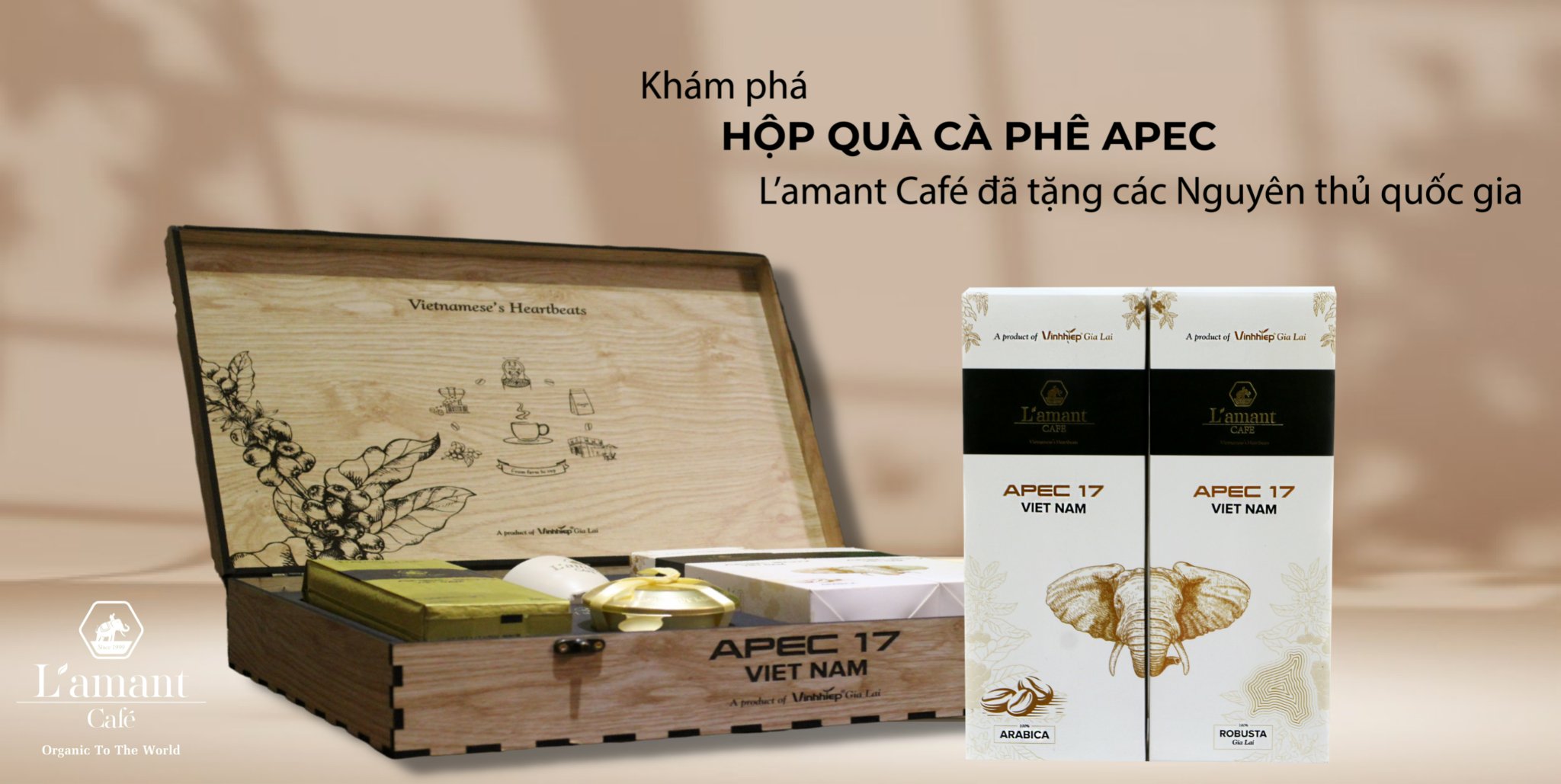 Hộp quà trang trọng: 2 hộp cà phê nguyên chất 100% Arabica và Robusta rang xay nguyên chất pha phin- L'amant Café