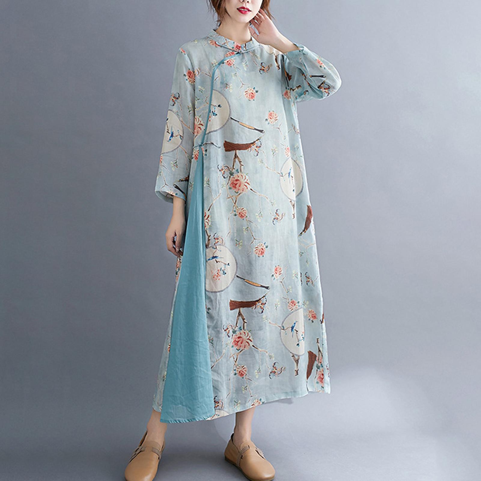 Vintage Women Linen Dress Elegant Floral Frog Button Cheongsam Pockets Loose Casual Shirt Dress