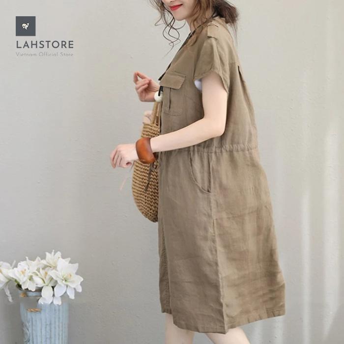 Đầm suông linen nữ cổ V túi hộp dây thắt eo LAHSTORE