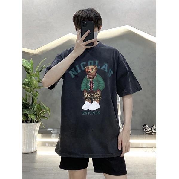 Áo thun tay lỡ áo thun wash 3 màu unisex gấu nicola