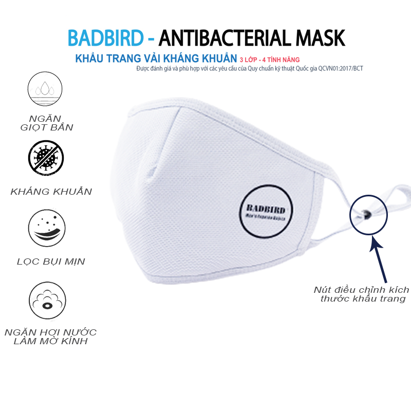 Khẩu Trang Vải Y Tế Kháng Khuẩn Cao Cấp BADBIRD 3 Lớp 4 Tính Năng, Antibacterial Mask, Thương hiệu Việt