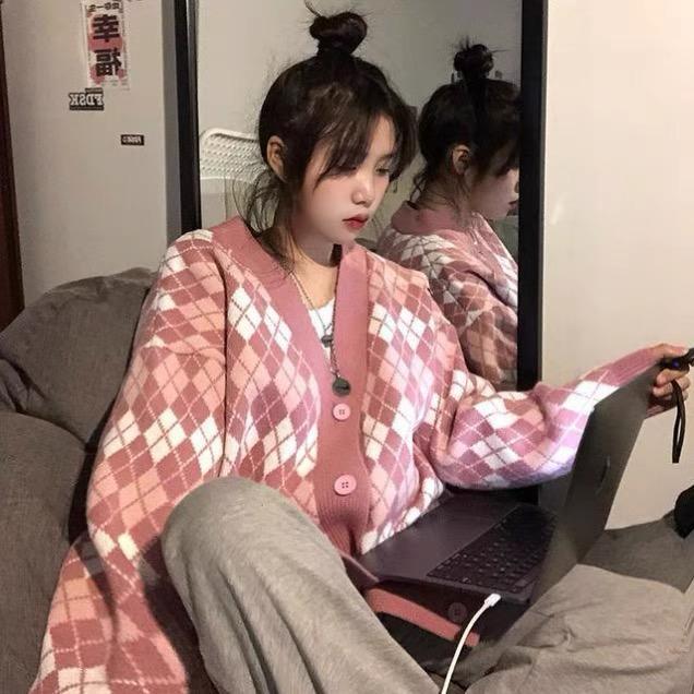 MS780 Áo khoác len cardigan kim cương form dài rộng cổ tim Hàn Quốc