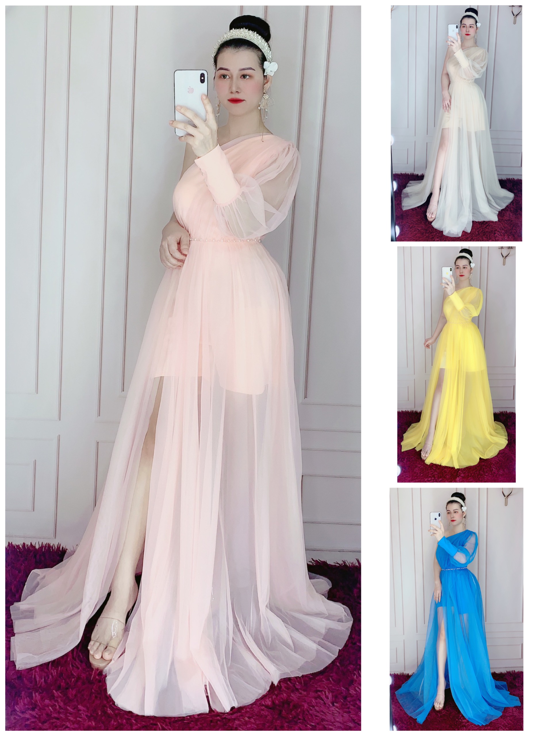 Đầm maxi dự tiệc lệch vai tay dài kết ngọc TRIPBLE T DRESS - size M/L - MS132V