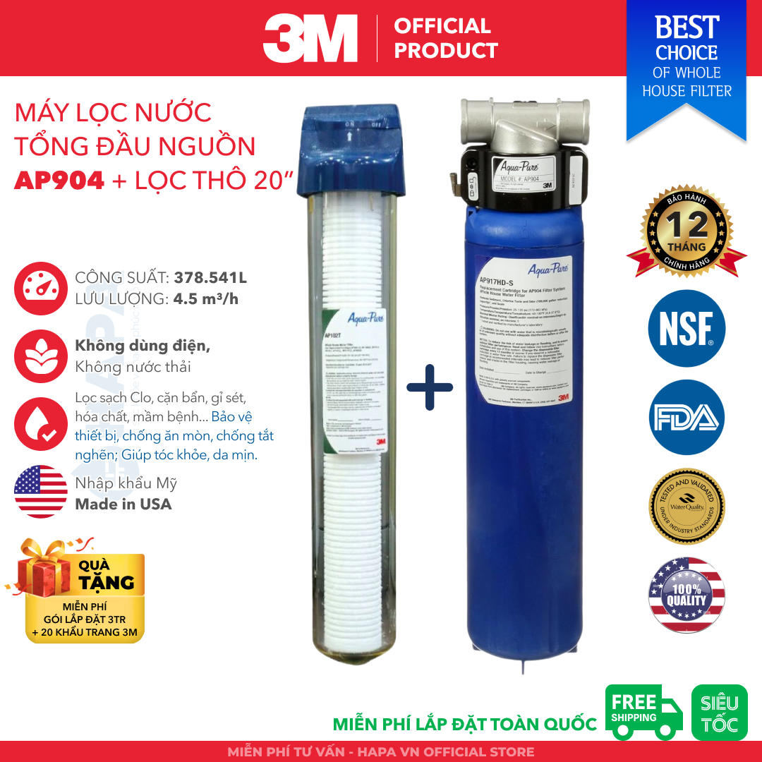 Máy Lọc Nước Tổng 3M PREMIUM AP904 Gấp Đôi Khả Năng Xử Lý Cặn Bẩn, Nước Sạch Sinh Hoạt Chuẩn Mỹ - Nhập Khẩu Mỹ, Hàng Chính Hãng 3M