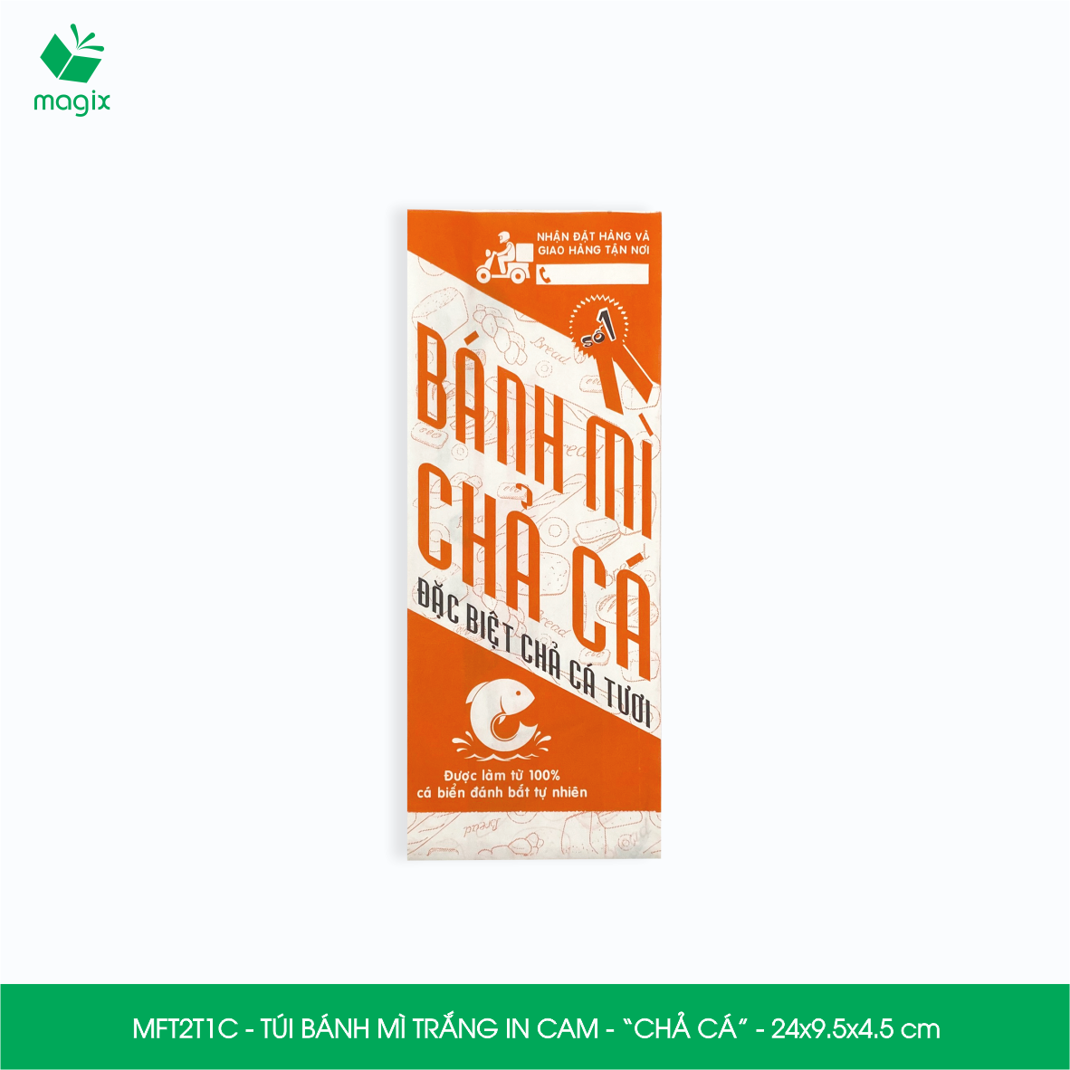 MFT2T1C - 24x9.5x4.5 cm - 100 túi giấy đựng bánh mì chả cá, túi đựng thức ăn mang đi, túi take away