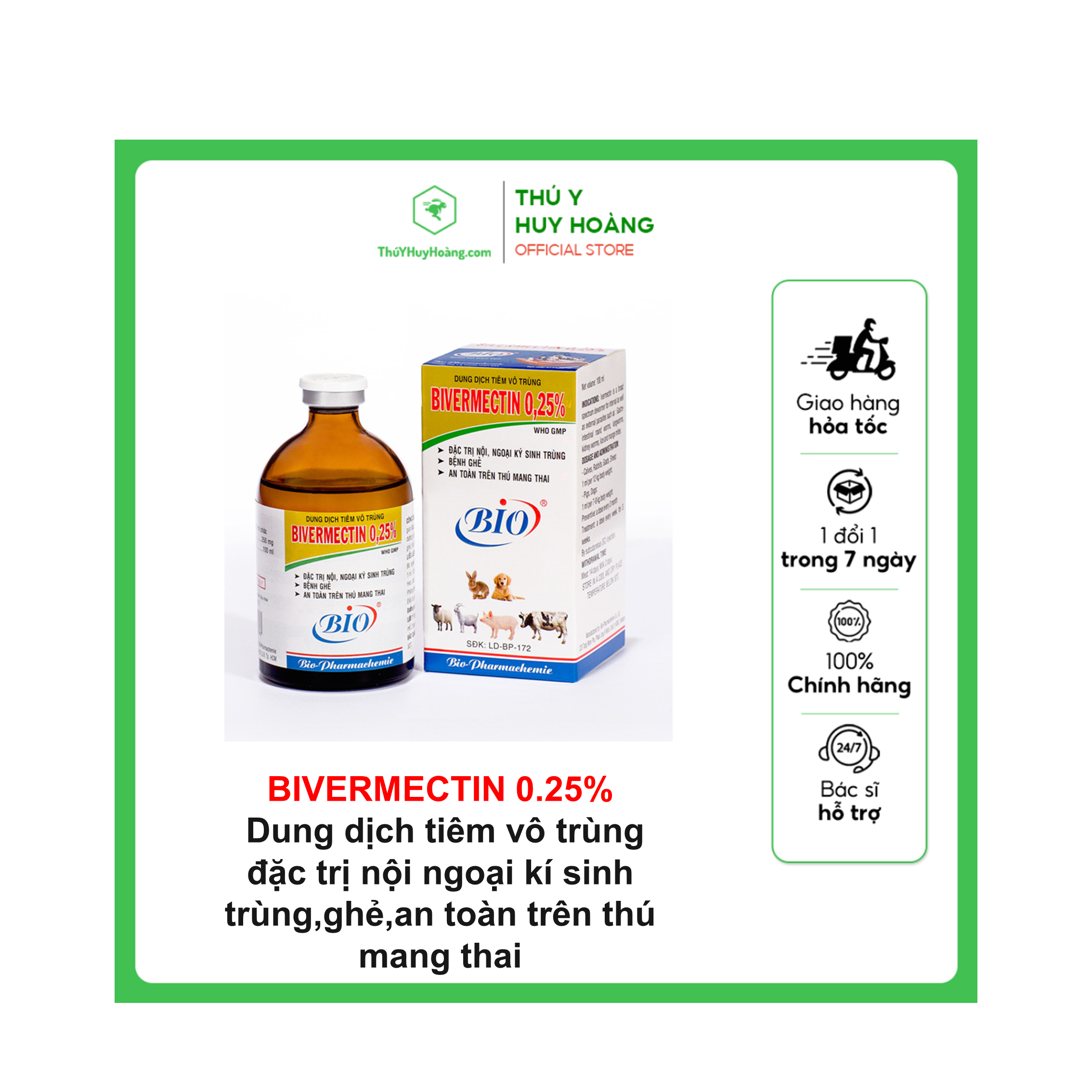 Dung dịch tiêm vô trùng BIVERMECTIN 0.25% T.rị nội ngoại kí sinh trùng, các loại giun tròn đường ruột, ghẻ, chí, rận trên bê, nghé, thỏ, dê, cừu, heo, chó