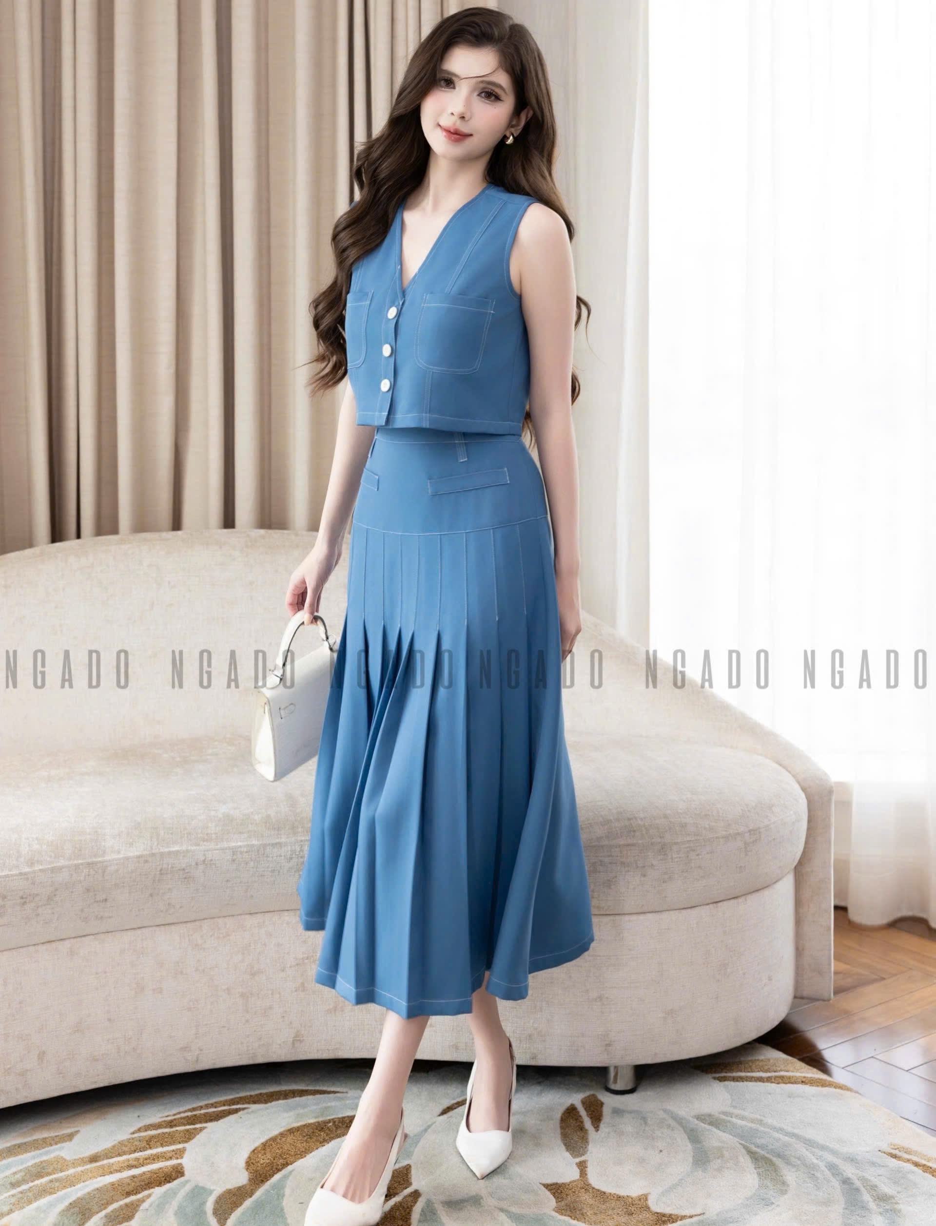 Set áo váy gile xanh xếp ly NGADO, set áo váy Nữ , set công sở , set áo váy midi