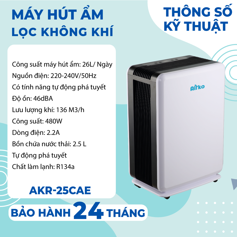 Máy hút ẩm và lọc không khí gia đình chính hãng Airko AKR-25CAE/ 26Lit/ngày / Màng lọc carbon hoạt tính