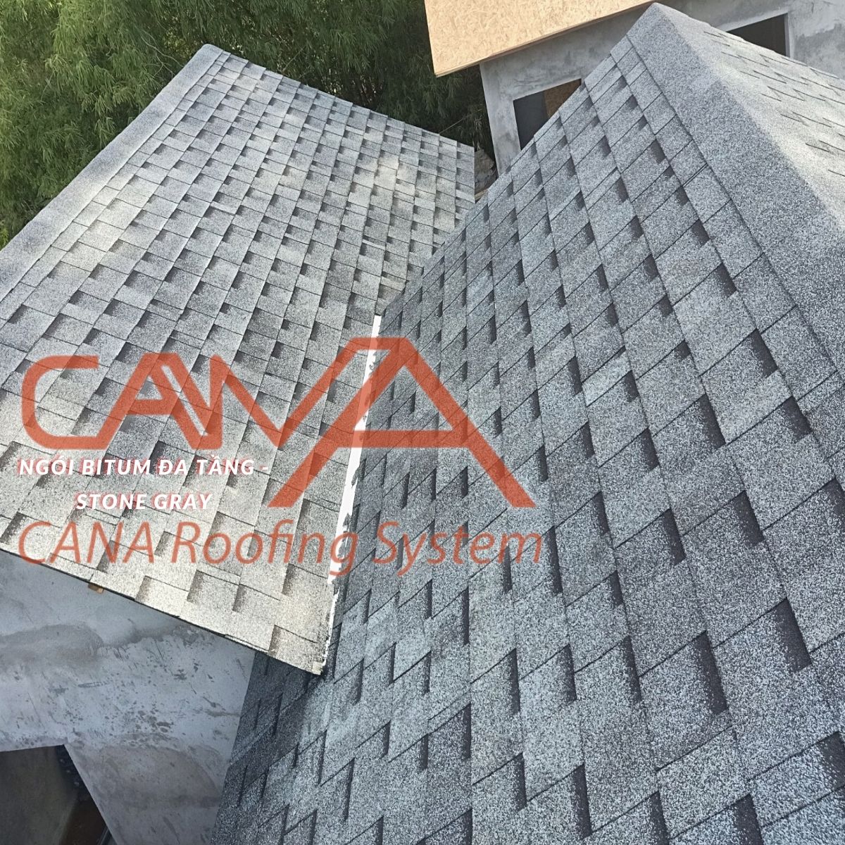 Tấm lợp nhựa đường CANA đa tầng Stone Gray - ngói lợp nhựa đường 2 lớp phủ đá Hàn Quốc cho biệt thự, nhà gỗ, nhà tiền chế đóng gói 14 tấm/2.54m2/gói