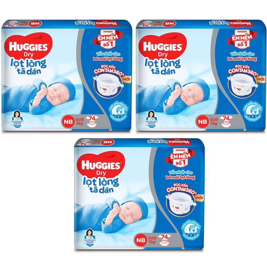 Combo 3 Gói Tã Dán Sơ Sinh Huggies NB74 (Dưới 5kg) - Gói 74 Miếng - Bao Bì Mới