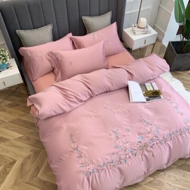 Set Cotton Lụa Thêu 2020 Cao Cấp Hàng Nhập Khẩu 5 món Hoa Khung Nguyệt Quế May Mắn Màu Hồng Phấn