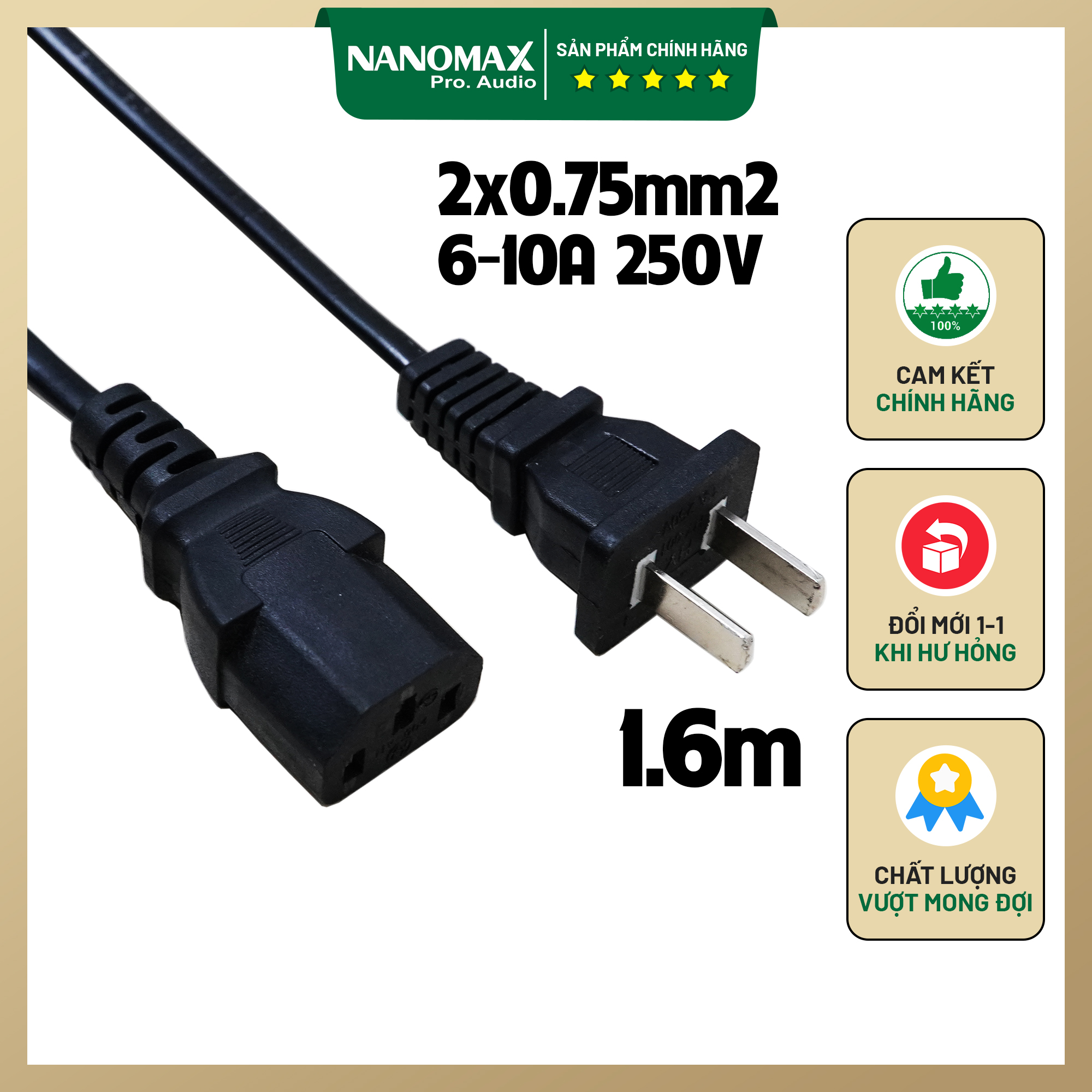 Cáp Nguồn Adapter, Dây Sạc 3 Chấu Dài 1.6m 10A 250V Cho Loa Kéo, PC, Laptop, Nồi Cơm, Tivi, Máy In Hàng Chính Hãng