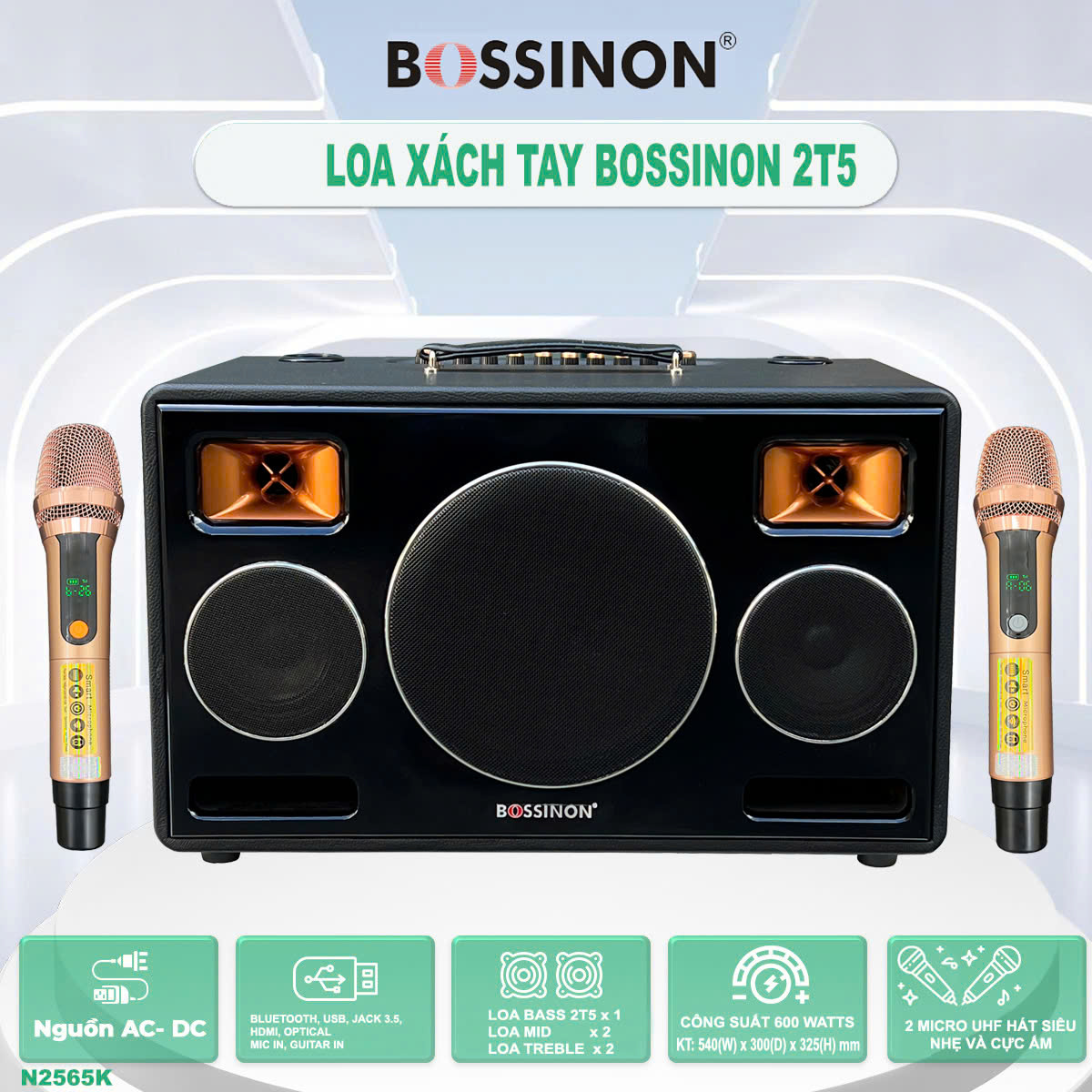 Loa karaoke xách tay bass 2T5 Bossinon N2565K- Bảo hành chính Hãng 12 tháng (Bình + micro bảo hành 6 tháng) - hàng chính hãng