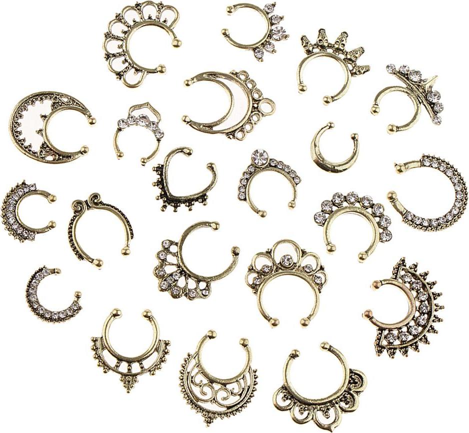 21 Pieces Crystal Fake Septum Clicker Nose Ring Non-piercing Assorted Shape Illusion Piercing Nose Ring Loop