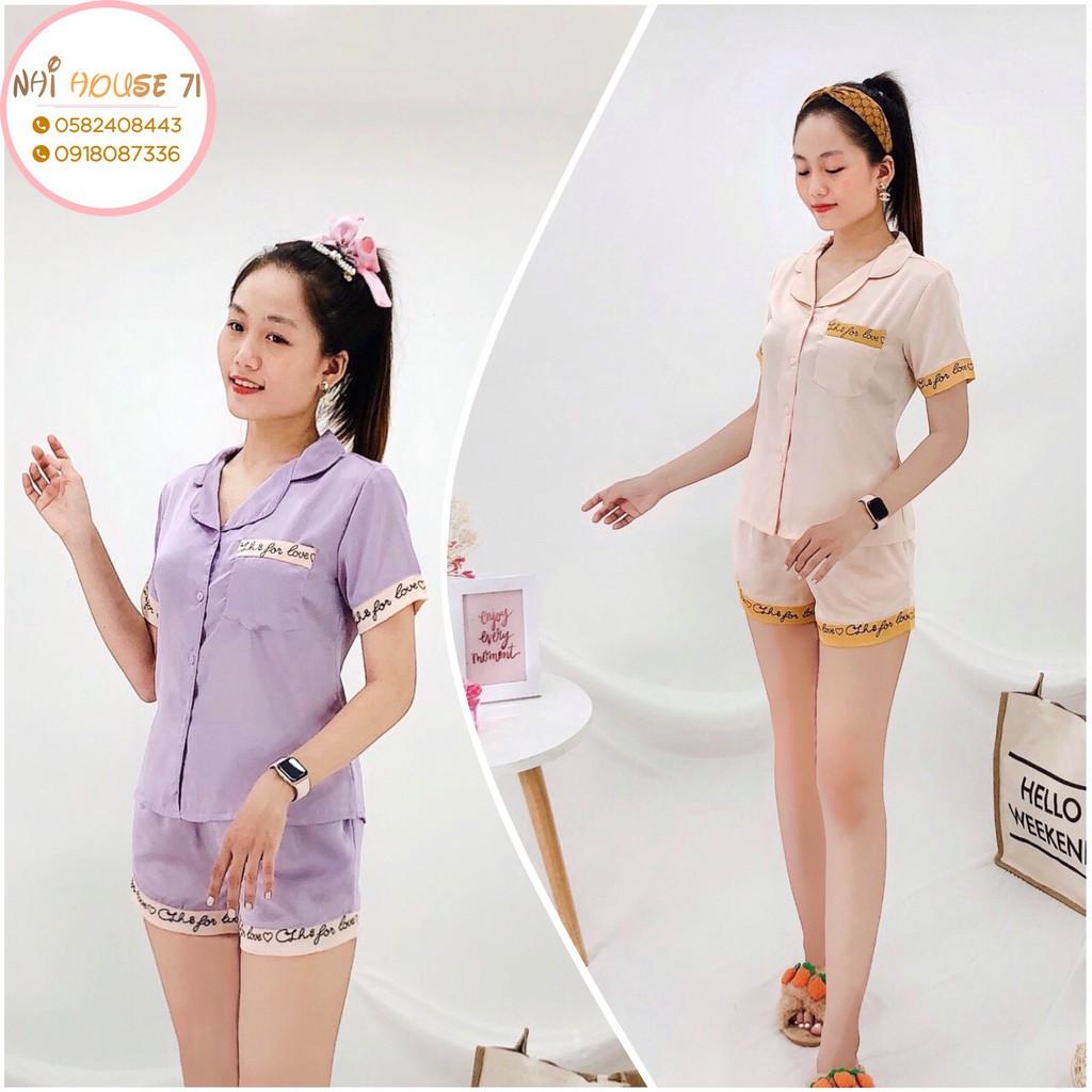 Bộ Mặc Nhà Nữ NHIHOUSE71 Pizama Lụa Quần Ngắn Tay Ngắn Phối Nẹp In Chữ