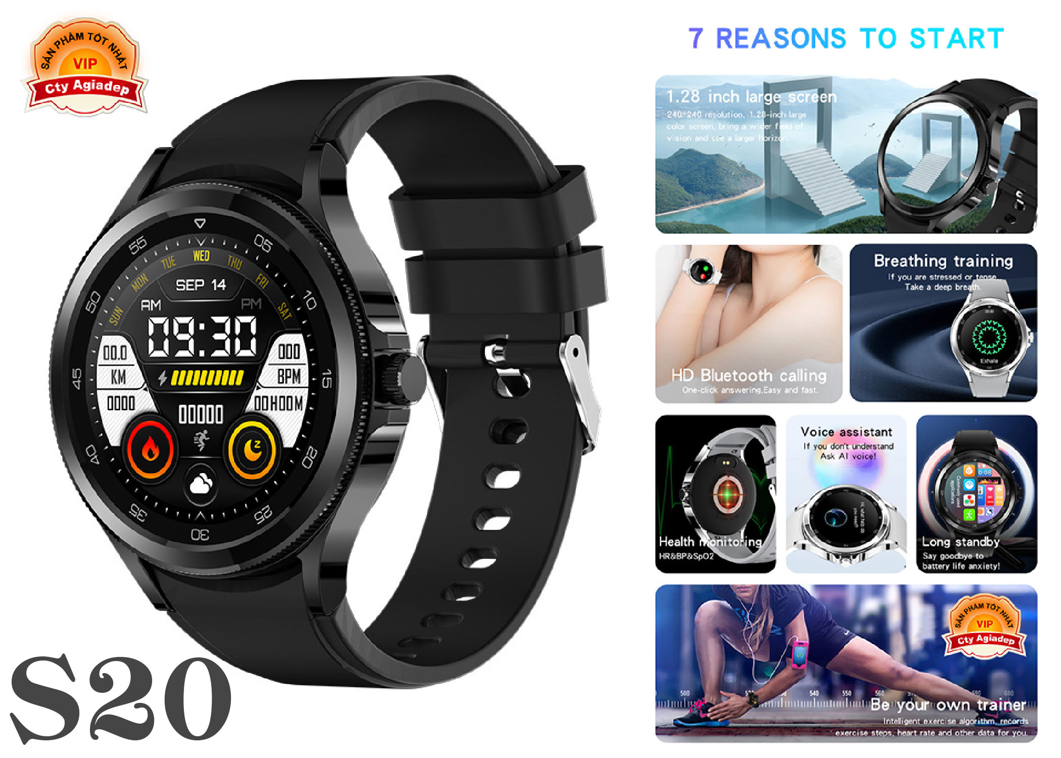 Đồng hồ thông minh S20 Blueetooth cao cấp theo dõi giấc ngủ có app báo tin nhắn cuộc gọi