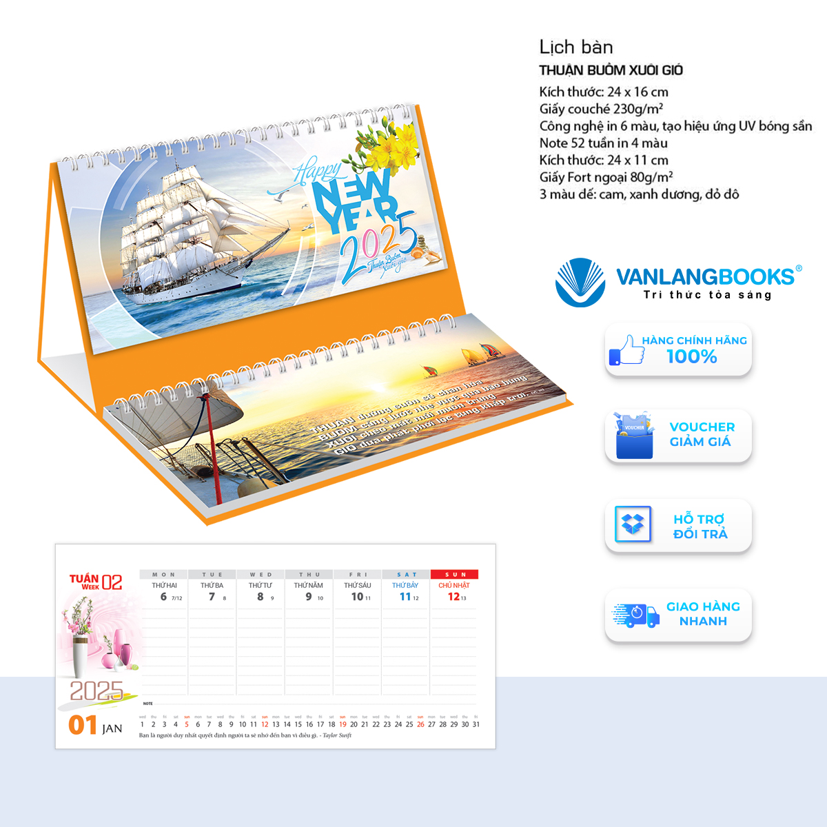Lịch 2025 Lịch Bàn Có Note - Thuận Buồm Xuôi Gió - VLLB14 - Lịch Văn Lang - Cam