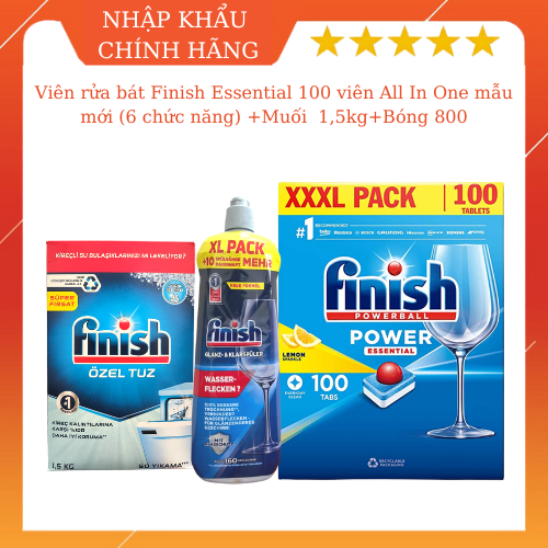 Combo Viên rửa bát finish all in one 100 viên+Dung dịch Nước làm bóng finish 800ml +Muối rửa bát finish 1.5kg cho Máy rửa bát