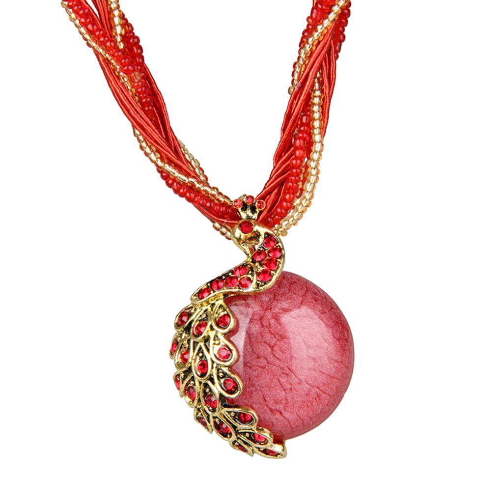 Bohemian Opal Necklace with Phoenix Peacock Pendant Jewel Accessory Red
