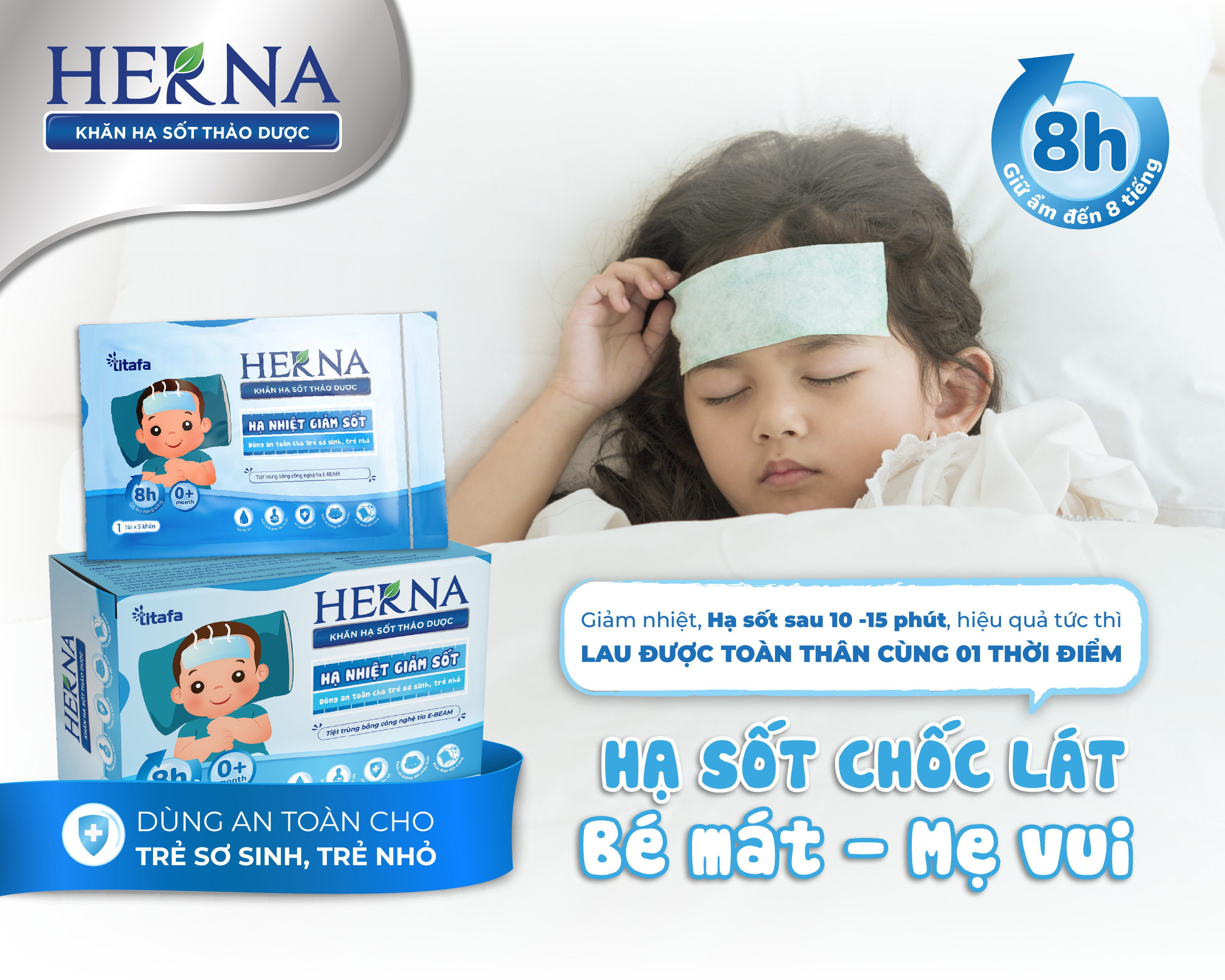 Khăn hạ sốt thảo dược Herna (20 khăn) - Giúp hạ sốt giảm nhiệt nhanh, an toàn cho bé