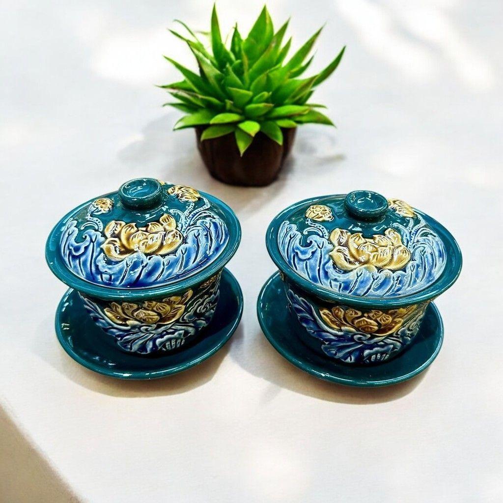 Bát sâm gốm sứ Men Xanh Lục Bảo Đắp Nổi Rồng Việt, đồ thờ cúng Bát Tràng cao cấp