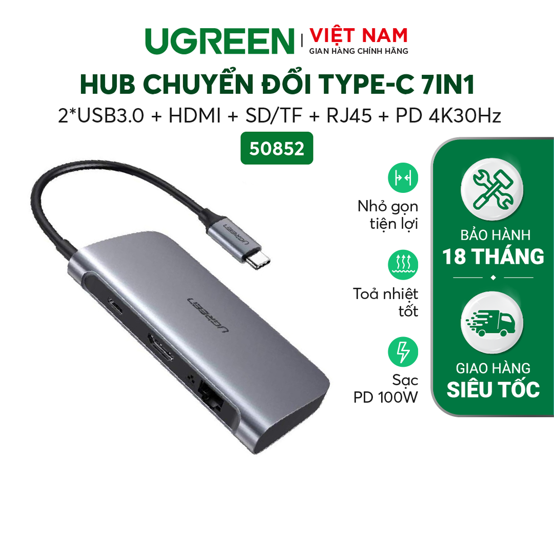 Bộ chuyển đổi Ugreen 50852 USB Type-C sang HDMI, Lan, USB 3.0, SD/TF - Hàng chính hãng