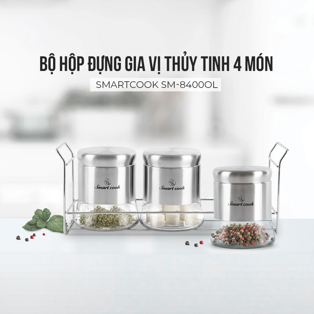 Bộ hộp đựng gia vị thủy tinh 4 món Smartcook SM-8400OL