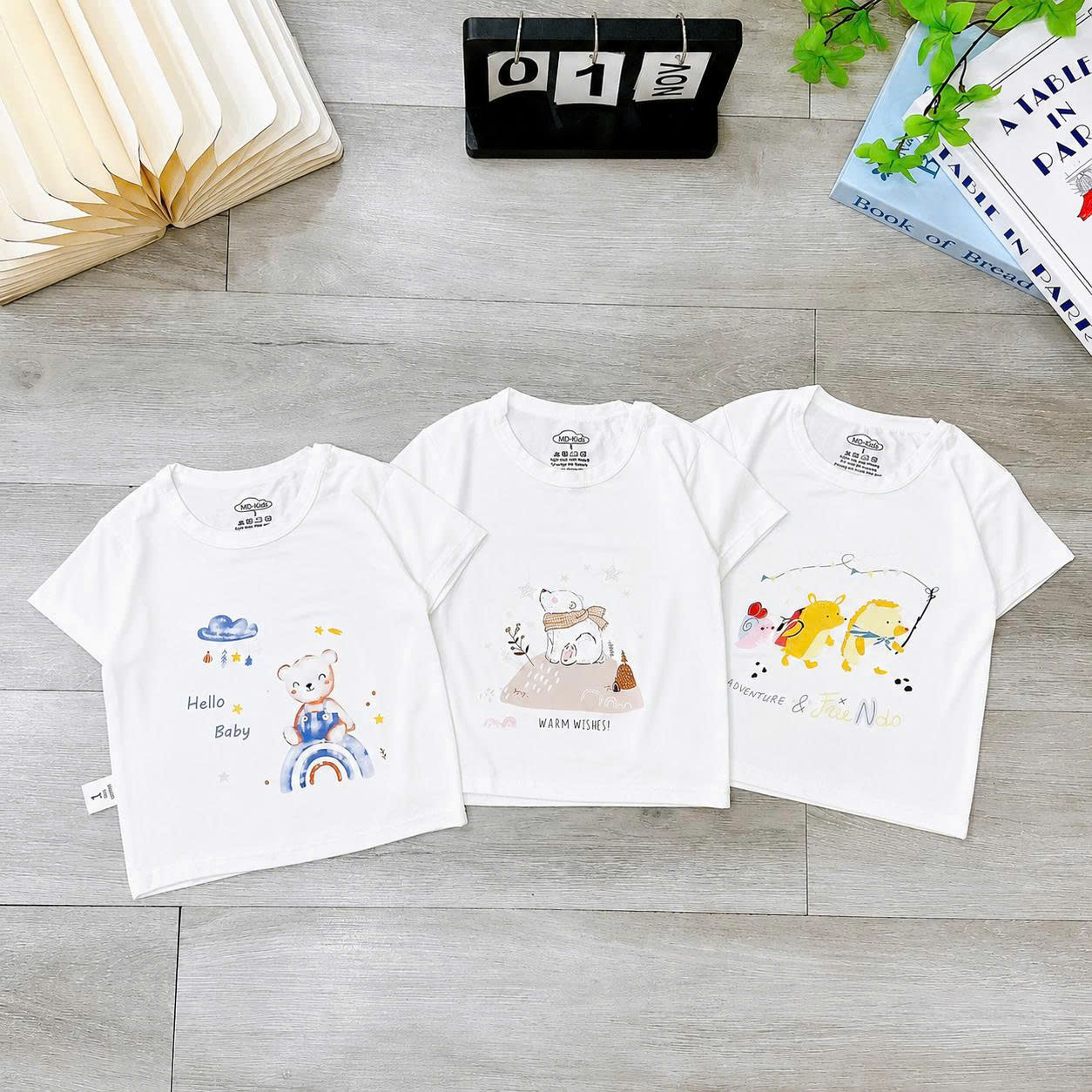 [6-14kg] Áo NGẮN TAY Có Nút Cài Vai Trắng Kem THUN LẠNH PETIT Mềm, Mát In Hình Dễ Thương
